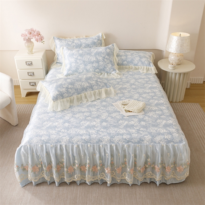 91家纺网 家纺一手货源 找家纺 好儿喜家纺 2025新款海洋丝凉感豆豆床裙凉席-巴黎玫瑰 巴黎玫瑰蓝