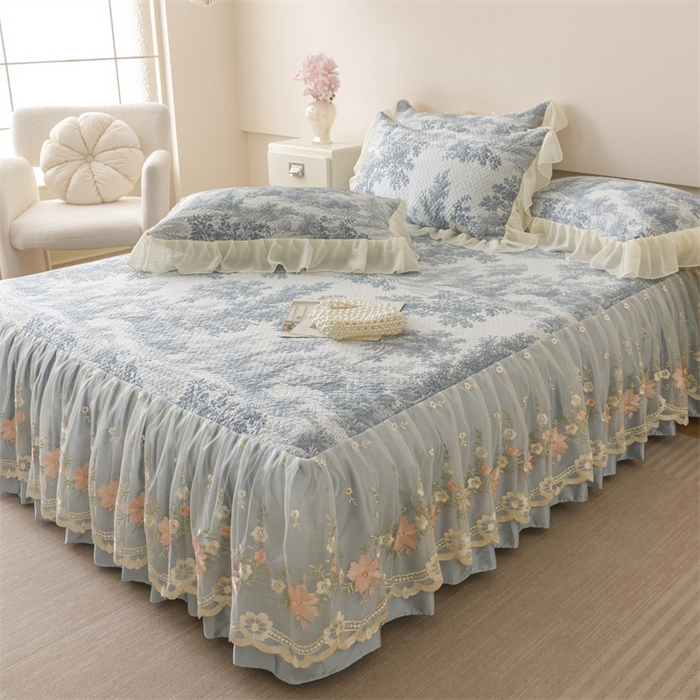 91家纺网 家纺一手货源 找家纺 好儿喜家纺 2025新款海洋丝凉感豆豆床裙凉席-巴黎玫瑰 挪威森林蓝