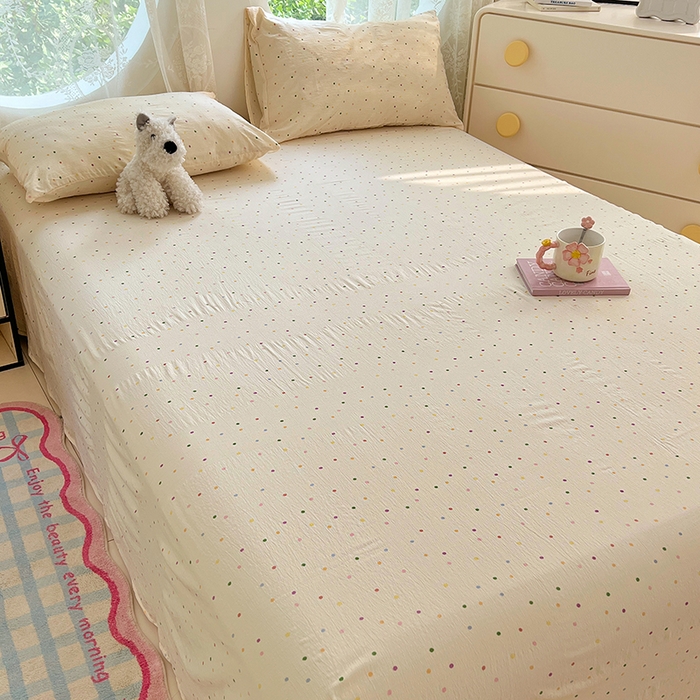 91家纺网 家纺一手货源 找家纺 彩韵家纺 2025新款印花木m双层纱床单系列 木m双层纱-奶油波点