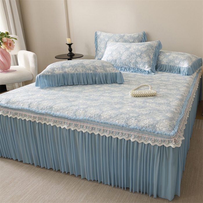 91家纺网 家纺一手货源 找家纺 好儿喜家纺 2025新款海洋丝凉感豆豆床裙凉席-缤纷玫瑰 缤纷玫瑰-蓝