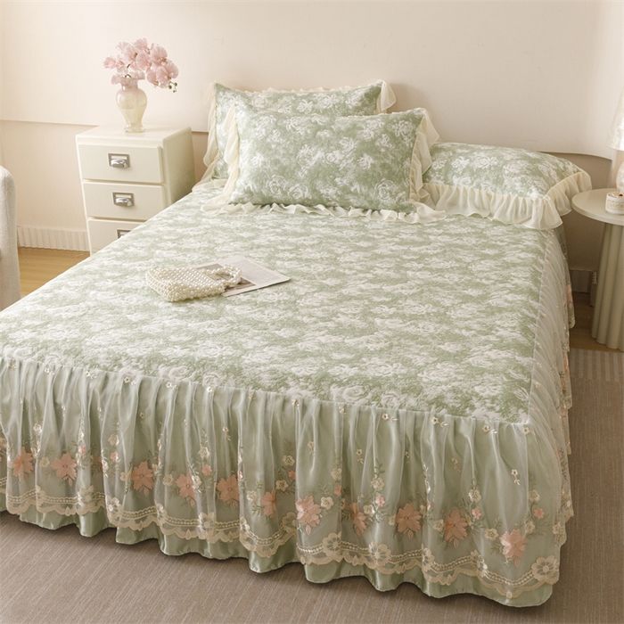 91家纺网 家纺一手货源 找家纺 好儿喜家纺 2025新款海洋丝凉感豆豆床裙凉席-巴黎玫瑰 巴黎玫瑰绿