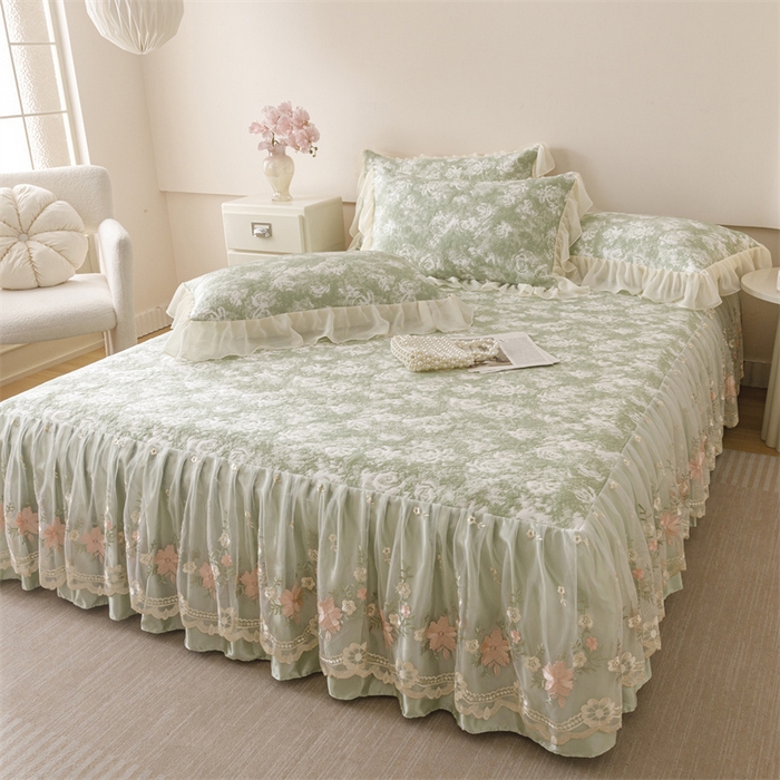 91家纺网 家纺一手货源 找家纺 好儿喜家纺 2025新款海洋丝凉感豆豆床裙凉席-巴黎玫瑰 巴黎玫瑰绿