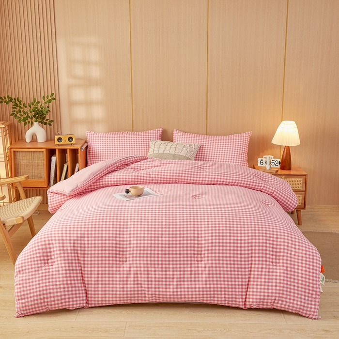 91家纺网 家纺一手货源 找家纺 美尔惠家纺 2025新款无印水洗棉格子春秋被冬被被子被芯学生季被芯 粉小格