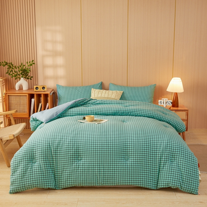91家纺网 家纺一手货源 找家纺 美尔惠家纺 2025新款无印水洗棉格子春秋被冬被被子被芯学生季被芯 蓝绿小格