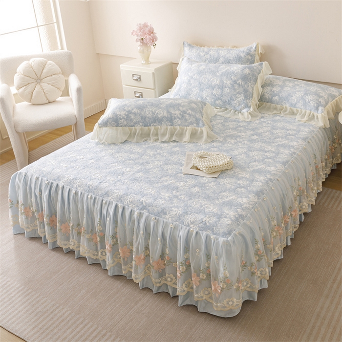 91家纺网 家纺一手货源 找家纺 好儿喜家纺 2025新款海洋丝凉感豆豆床裙凉席-巴黎玫瑰 巴黎玫瑰蓝