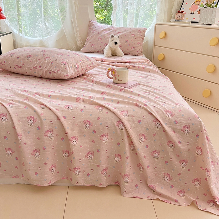 91家纺网 家纺一手货源 找家纺 彩韵家纺 2025新款印花木m双层纱床单系列 木m双层纱-马卡兔兔