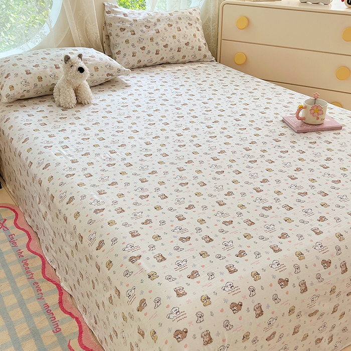 91家纺网 家纺一手货源 找家纺 彩韵家纺 2025新款印花木m双层纱床单系列 木m双层纱-汪星派对