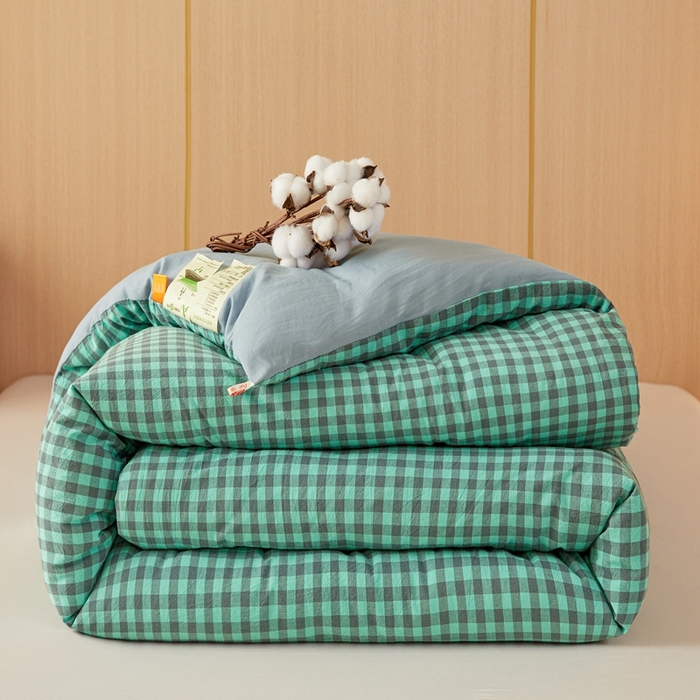 91家纺网 家纺一手货源 找家纺 美尔惠家纺 2025新款无印水洗棉格子春秋被冬被被子被芯学生季被芯 蓝绿小格