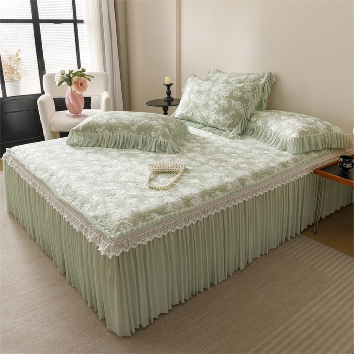 91家纺网 家纺一手货源 找家纺 好儿喜家纺 2025新款海洋丝凉感豆豆床裙凉席-缤纷玫瑰 缤纷玫瑰-绿