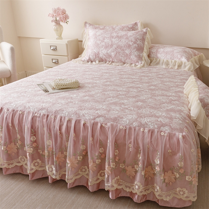 91家纺网 家纺一手货源 找家纺 （总）好儿喜家纺 2025新款海洋丝凉感豆豆床裙凉席-巴黎玫瑰