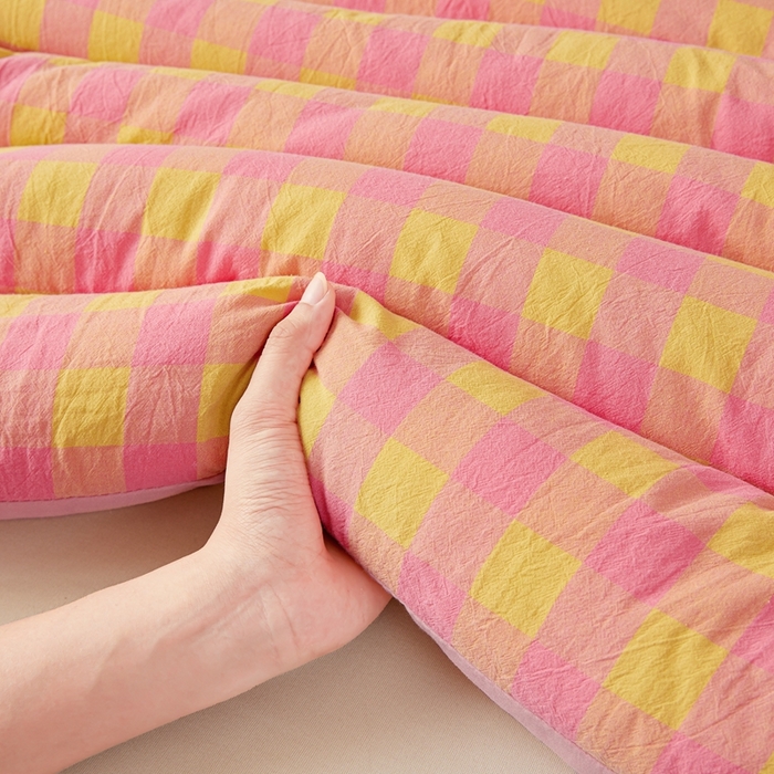 91家纺网 家纺一手货源 找家纺 美尔惠家纺 2025新款无印水洗棉格子春秋被冬被被子被芯学生季被芯 粉黄中格