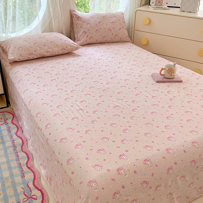 91家纺网 家纺一手货源 找家纺 彩韵家纺 2025新款印花木m双层纱床单系列 木m双层纱-马卡兔兔