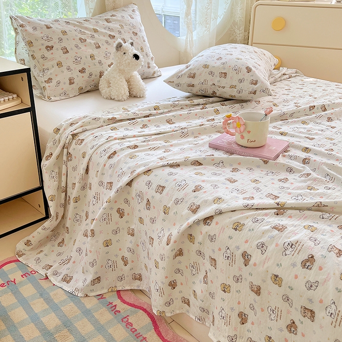 91家纺网 家纺一手货源 找家纺 卡迪熊家纺 2025新款印花木m双层纱床单系列 木m双层纱-汪星派对