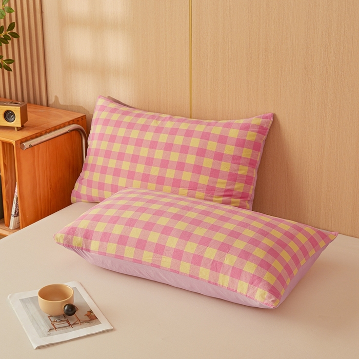 91家纺网 家纺一手货源 找家纺 美尔惠家纺 2025新款无印水洗棉格子春秋被冬被被子被芯学生季被芯 粉黄中格