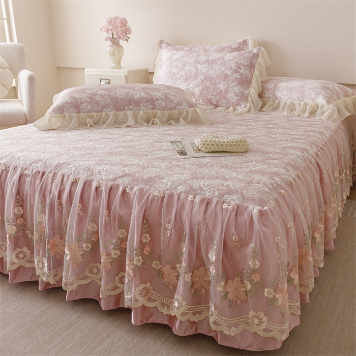 91家纺网 家纺一手货源 找家纺 好儿喜家纺 2025新款海洋丝凉感豆豆床裙凉席-巴黎玫瑰 巴黎玫瑰粉