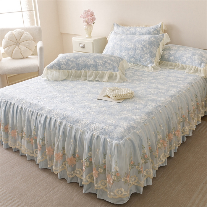 91家纺网 家纺一手货源 找家纺 好儿喜家纺 2025新款海洋丝凉感豆豆床裙凉席-巴黎玫瑰 巴黎玫瑰蓝