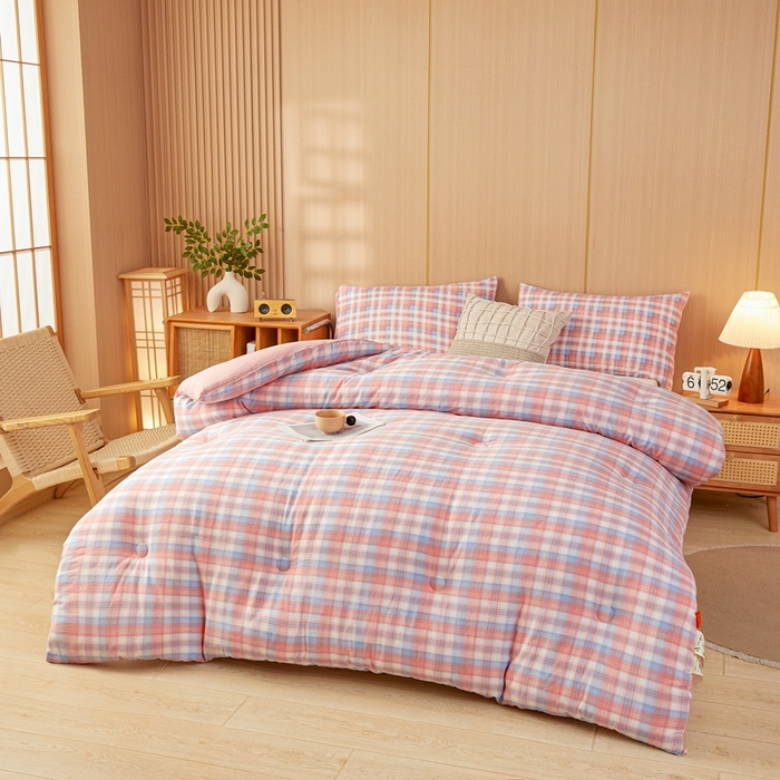 91家纺网 家纺一手货源 找家纺 美尔惠家纺 2025新款无印水洗棉格子春秋被冬被被子被芯学生季被芯 云舒粉