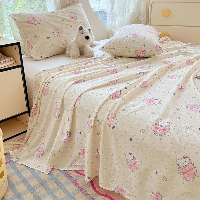 91家纺网 家纺一手货源 找家纺 彩韵家纺 2025新款印花木m双层纱床单系列 木m双层纱-萌球喵喵