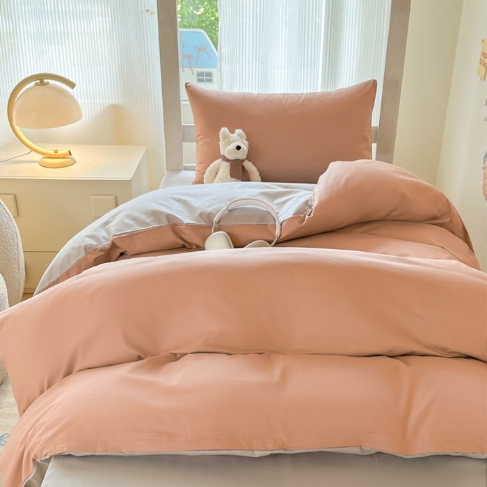 91家纺网 家纺一手货源 找家纺 简冠家纺 2025新款13372全棉纯色学生三件套 藕粉+浅灰