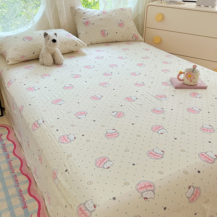 91家纺网 家纺一手货源 找家纺 彩韵家纺 2025新款印花木m双层纱床单系列 木m双层纱-萌球喵喵