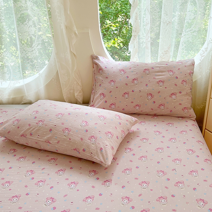 91家纺网 家纺一手货源 找家纺 卡迪熊家纺 2025新款印花木m双层纱床单系列 木m双层纱-马卡兔兔