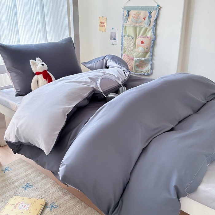 91家纺网 家纺一手货源 找家纺 简冠家纺 2025新款13372全棉纯色学生三件套 深灰+浅灰