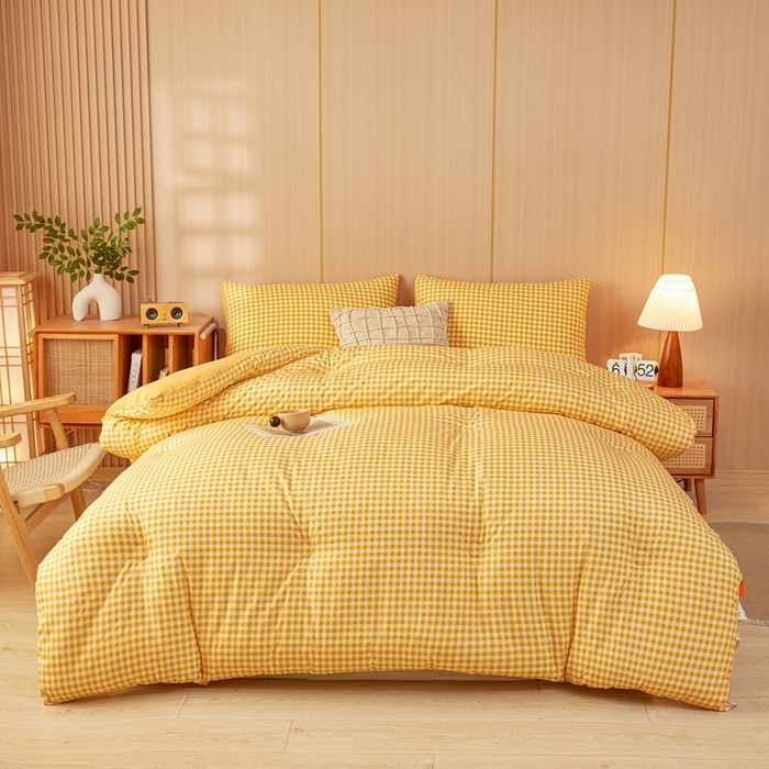 91家纺网 家纺一手货源 找家纺 美尔惠家纺 2025新款无印水洗棉格子春秋被冬被被子被芯学生季被芯 黄小格
