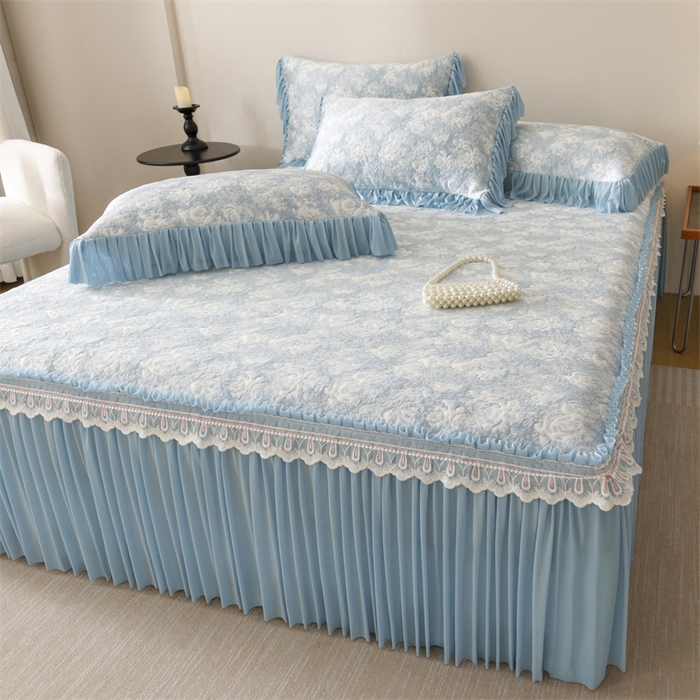 91家纺网 家纺一手货源 找家纺 （总）好儿喜家纺 2025新款海洋丝凉感豆豆床裙凉席-缤纷玫瑰