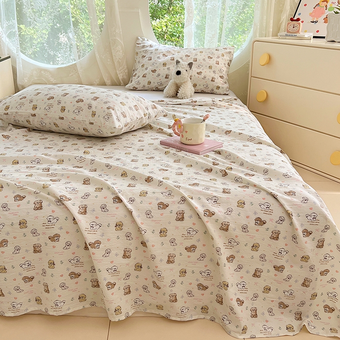 91家纺网 家纺一手货源 找家纺 彩韵家纺 2025新款印花木m双层纱床单系列 木m双层纱-汪星派对