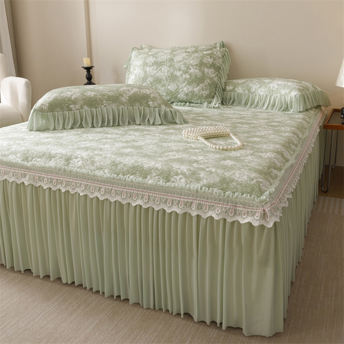 91家纺网 家纺一手货源 找家纺 好儿喜家纺 2025新款海洋丝凉感豆豆床裙凉席-缤纷玫瑰 缤纷玫瑰-绿