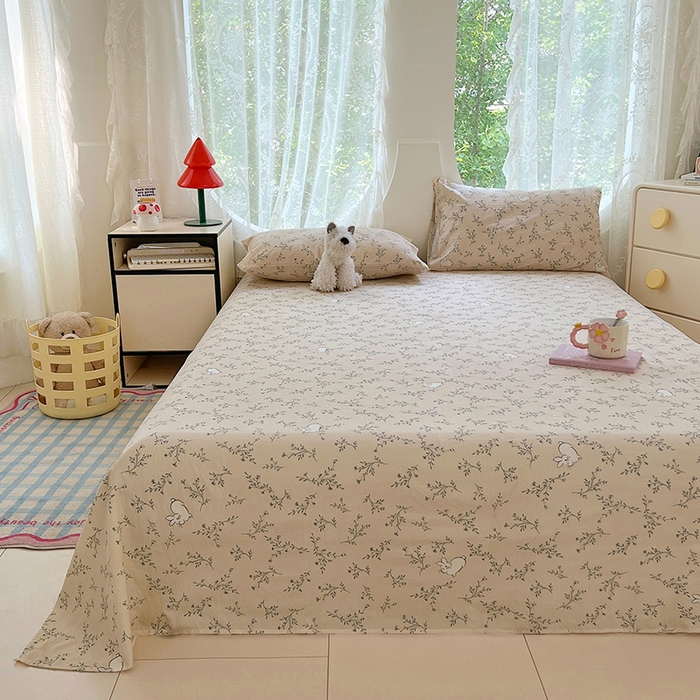 91家纺网 家纺一手货源 找家纺 彩韵家纺 2025新款印花木m双层纱床单系列 木m双层纱-兔悦花草