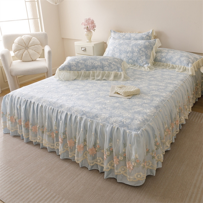 91家纺网 家纺一手货源 找家纺 好儿喜家纺 2025新款海洋丝凉感豆豆床裙凉席-巴黎玫瑰 巴黎玫瑰蓝