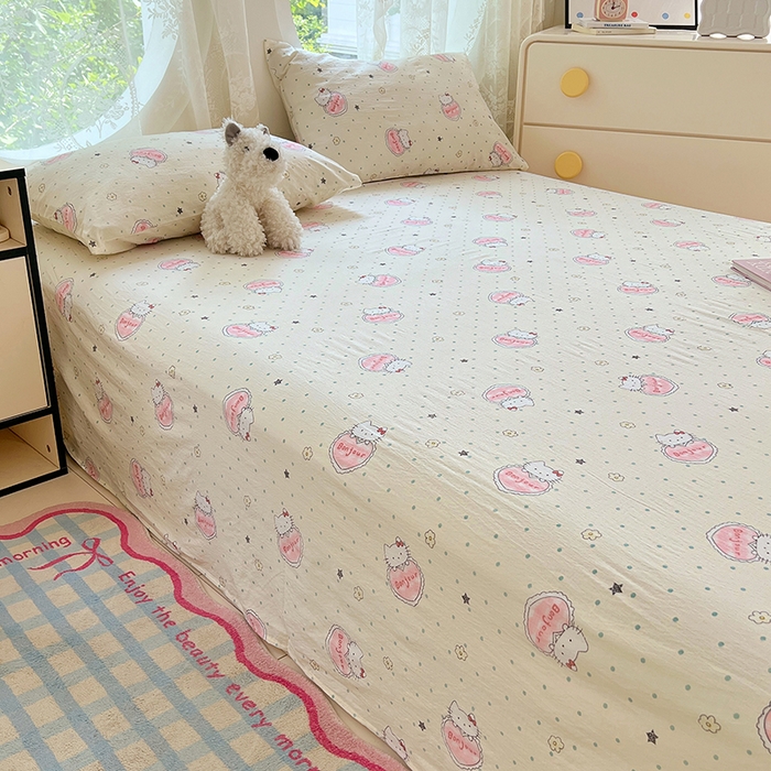 91家纺网 家纺一手货源 找家纺 卡迪熊家纺 2025新款印花木m双层纱床单系列 木m双层纱-萌球喵喵