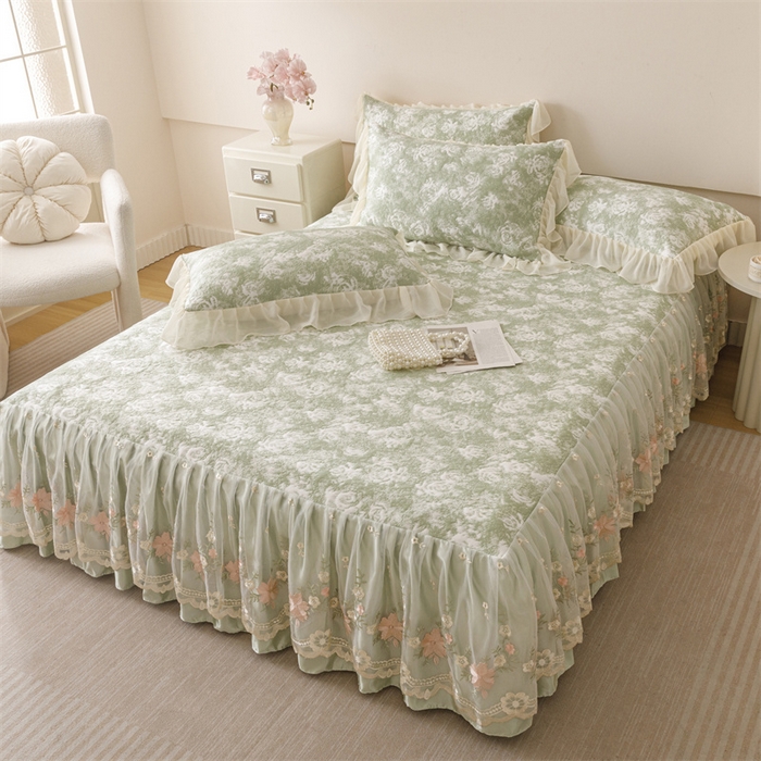 91家纺网 家纺一手货源 找家纺 好儿喜家纺 2025新款海洋丝凉感豆豆床裙凉席-巴黎玫瑰 巴黎玫瑰绿