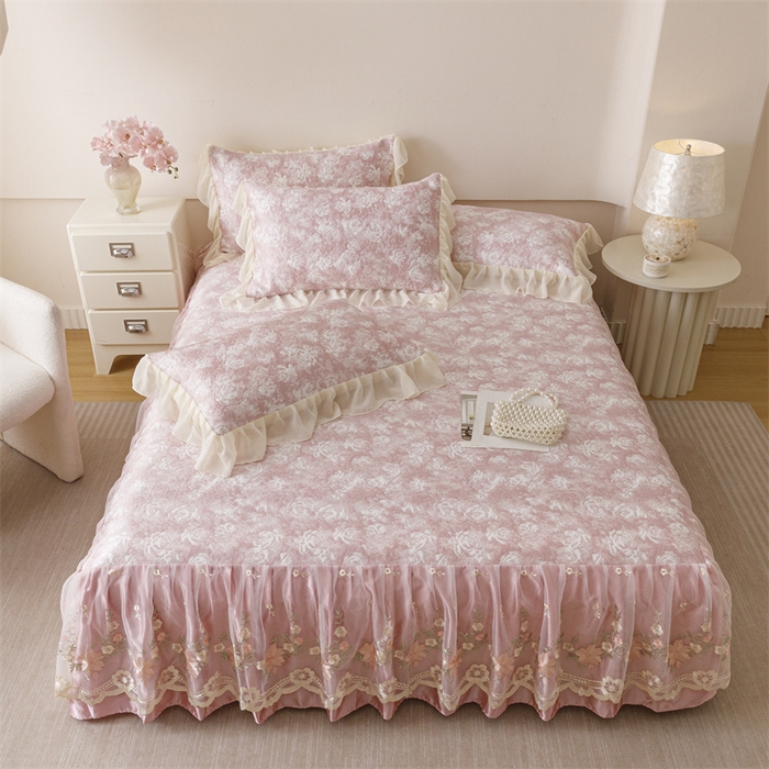 91家纺网 家纺一手货源 找家纺 好儿喜家纺 2025新款海洋丝凉感豆豆床裙凉席-巴黎玫瑰 巴黎玫瑰粉