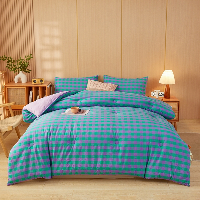 91家纺网 家纺一手货源 找家纺 美尔惠家纺 2025新款无印水洗棉格子春秋被冬被被子被芯学生季被芯 绿野中格