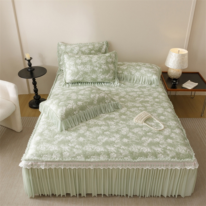 91家纺网 家纺一手货源 找家纺 好儿喜家纺 2025新款海洋丝凉感豆豆床裙凉席-缤纷玫瑰 缤纷玫瑰-绿