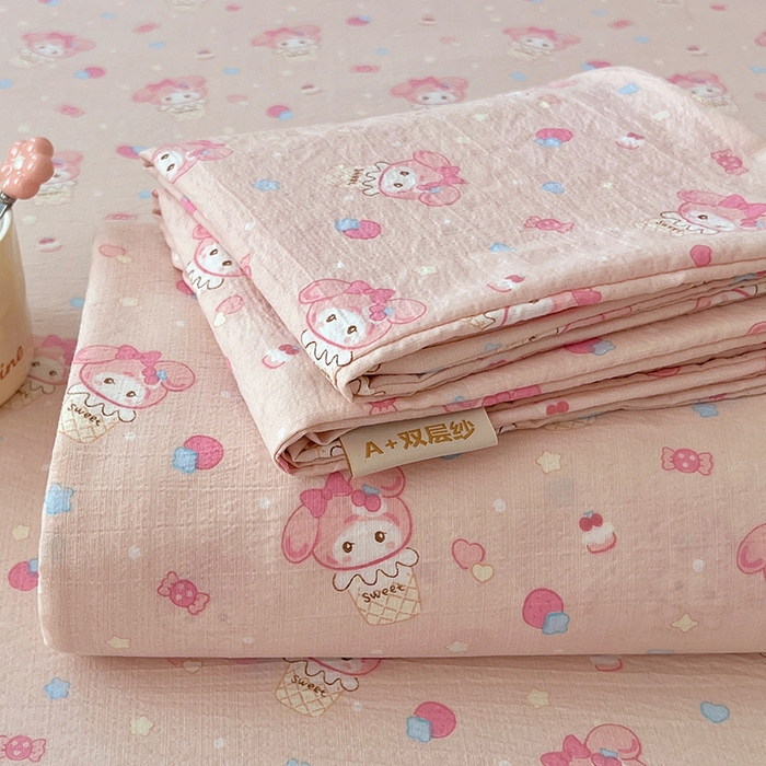 91家纺网 家纺一手货源 找家纺 彩韵家纺 2025新款印花木m双层纱床单系列 木m双层纱-马卡兔兔