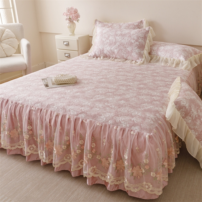 91家纺网 家纺一手货源 找家纺 好儿喜家纺 2025新款海洋丝凉感豆豆床裙凉席-巴黎玫瑰 巴黎玫瑰粉