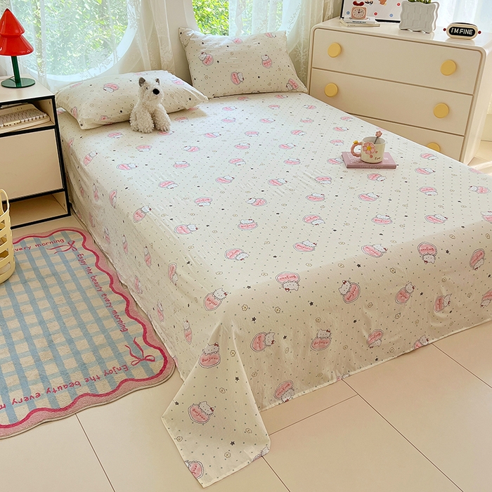 91家纺网 家纺一手货源 找家纺 彩韵家纺 2025新款印花木m双层纱床单系列 木m双层纱-萌球喵喵