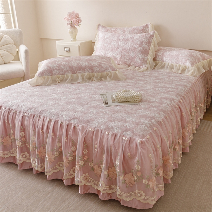 91家纺网 家纺一手货源 找家纺 好儿喜家纺 2025新款海洋丝凉感豆豆床裙凉席-巴黎玫瑰 巴黎玫瑰粉