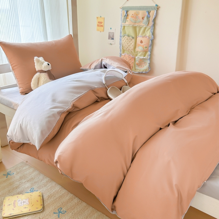 91家纺网 家纺一手货源 找家纺 简冠家纺 2025新款13372全棉纯色学生三件套 藕粉+浅灰