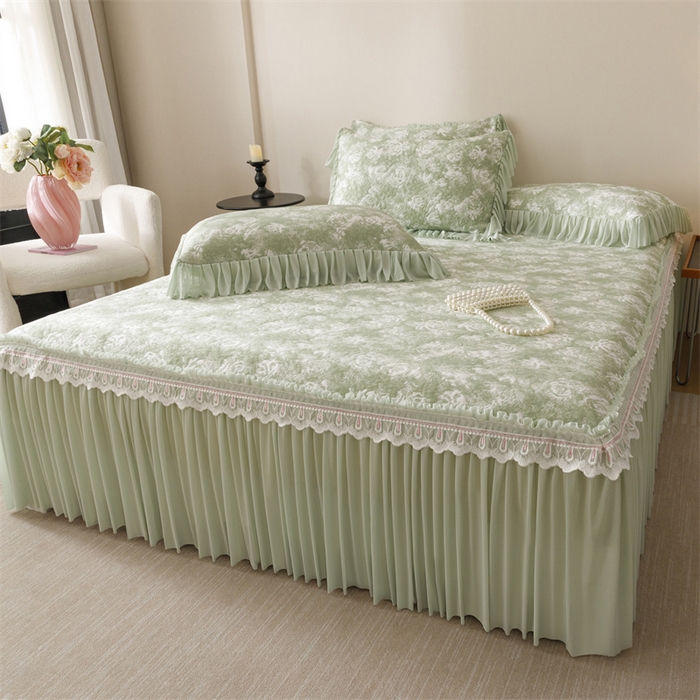 91家纺网 家纺一手货源 找家纺 好儿喜家纺 2025新款海洋丝凉感豆豆床裙凉席-缤纷玫瑰 缤纷玫瑰-绿