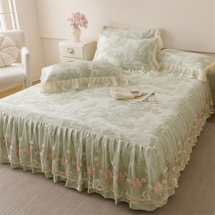 91家纺网 家纺一手货源 找家纺 好儿喜家纺 2025新款海洋丝凉感豆豆床裙凉席-巴黎玫瑰 挪威森林绿