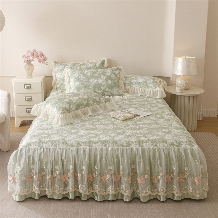 91家纺网 家纺一手货源 找家纺 好儿喜家纺 2025新款海洋丝凉感豆豆床裙凉席-巴黎玫瑰 巴黎玫瑰绿