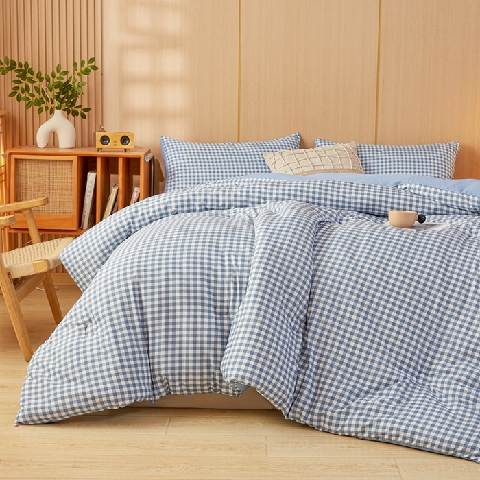 91家纺网 家纺一手货源 找家纺 美尔惠家纺 2025新款无印水洗棉格子春秋被冬被被子被芯学生季被芯 蓝小格
