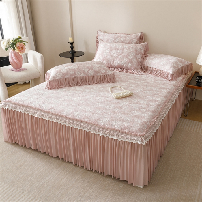 91家纺网 家纺一手货源 找家纺 好儿喜家纺 2025新款海洋丝凉感豆豆床裙凉席-缤纷玫瑰 缤纷玫瑰-粉