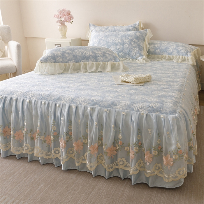 91家纺网 家纺一手货源 找家纺 好儿喜家纺 2025新款海洋丝凉感豆豆床裙凉席-巴黎玫瑰 巴黎玫瑰蓝