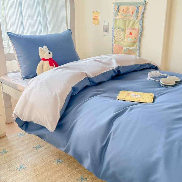 91家纺网 家纺一手货源 找家纺 简冠家纺 2025新款13372全棉纯色学生三件套 蓝+灰