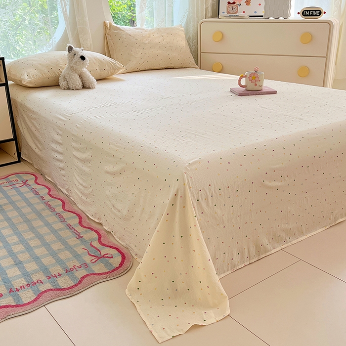 91家纺网 家纺一手货源 找家纺 彩韵家纺 2025新款印花木m双层纱床单系列 木m双层纱-奶油波点